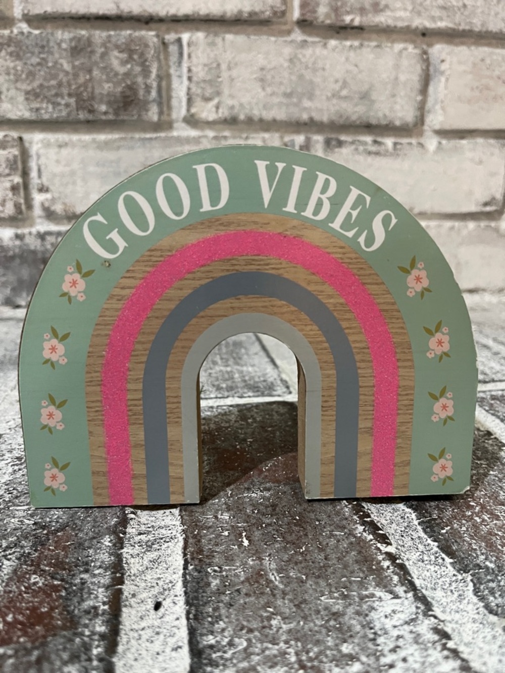 Good Vibes Rainbow Wooden Decor - Mint, Pink, Gray